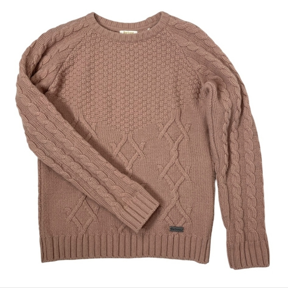 Barbour Women’s Sweater Blush Pink UK 14 US 10 Crewneck Cable Knit Wool